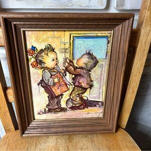 Vtg Jean Bukac Lithograph Juvenile Two Boys Friends Playing MCM Nursery Art 12"